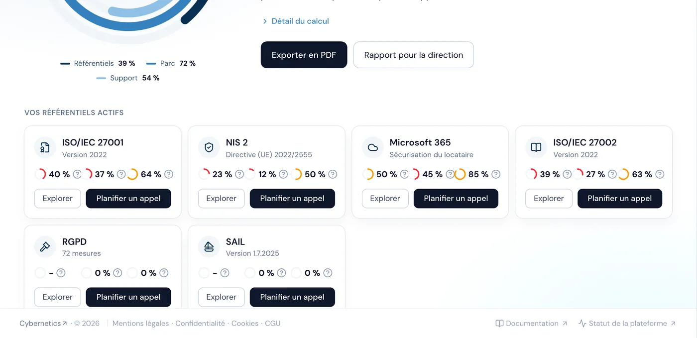 Référentiels actifs (ISO/IEC 27001, NIS 2, Microsoft 365, ISO/IEC 27002, RGPD, SAIL) : preuves, contrôles et tâches