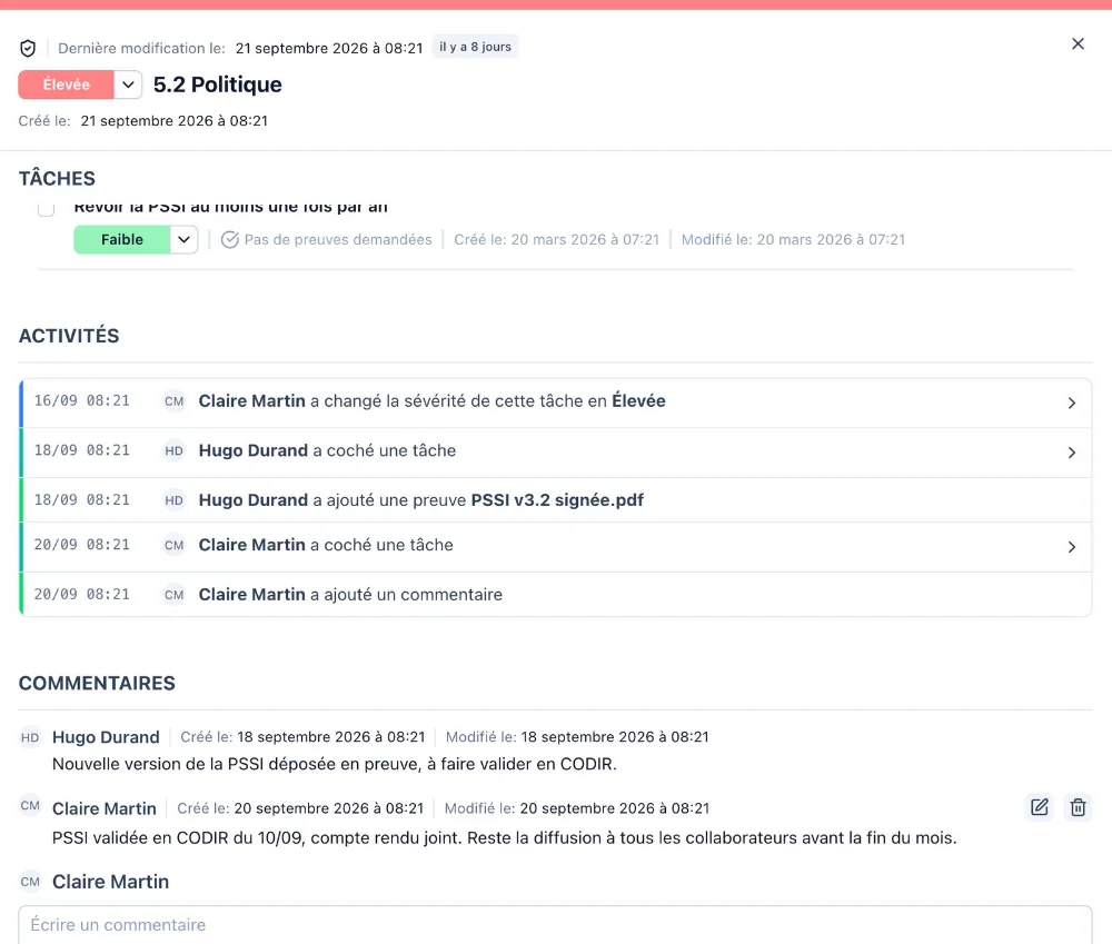 Tâche de conformité avec son historique d'activités et ses commentaires