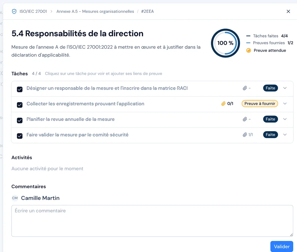 Mesure 5.4 d'ISO/IEC 27001 : tâches, preuves attendues, activités et commentaires